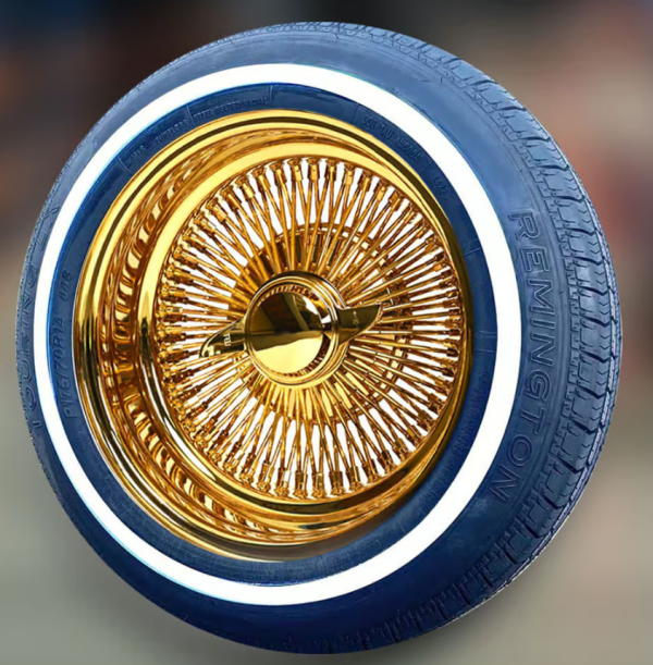 All Gold 13X7 Wire Wheels Reverse 100 Spoke + White Wall Tires (155/80R13)