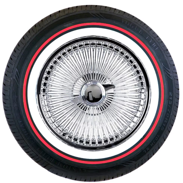 15X7 Standard Chrome 100 Spoke + Vogue Tires (215/70R15) – Red Stripe