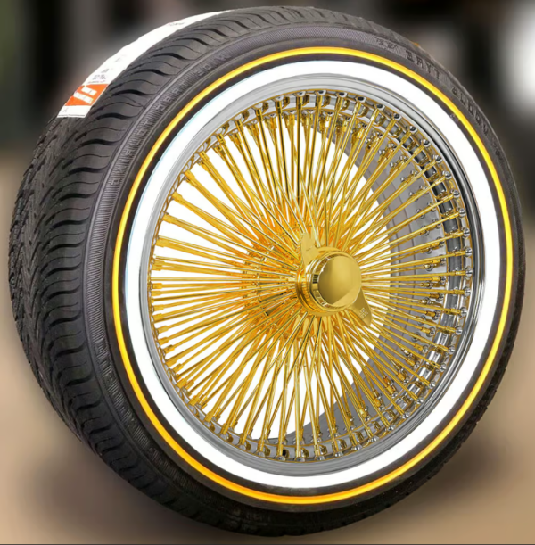Gold Center 15×7 FWD 100 Spoke Wire Wheels + 215/70R15 Vogue Tires