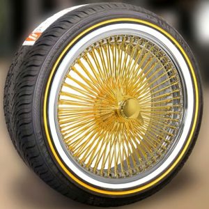 Gold Center 17X8 FWD Wire Wheels 100 Spoke + Vogue Tires (225/50R17) – Set of 4