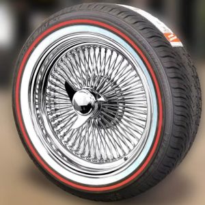 17X8 Standard Chrome 100 Spoke Wire Wheels + Vogue Tires (235/55R17) – Red Stripe